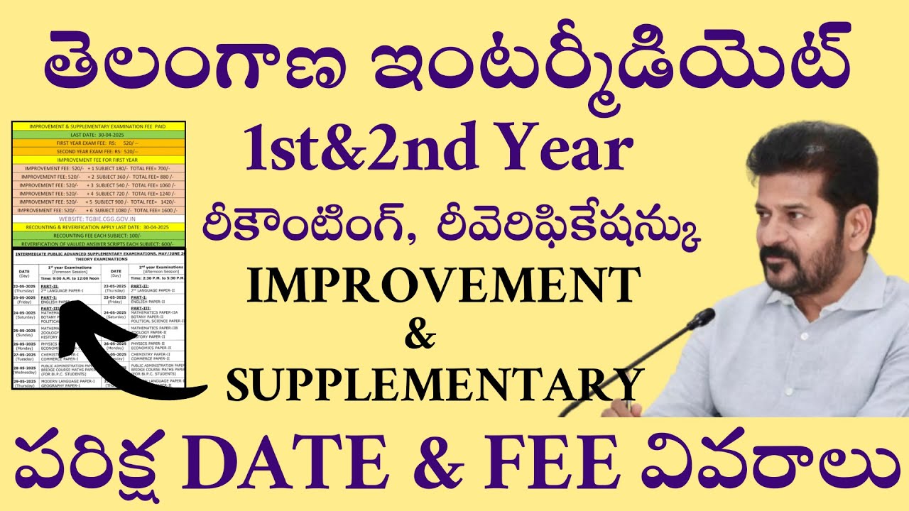 Telangana intermediate IMPROVEMENT DATE | supply Exams DATE | recounting reverification | FEE DETAIL