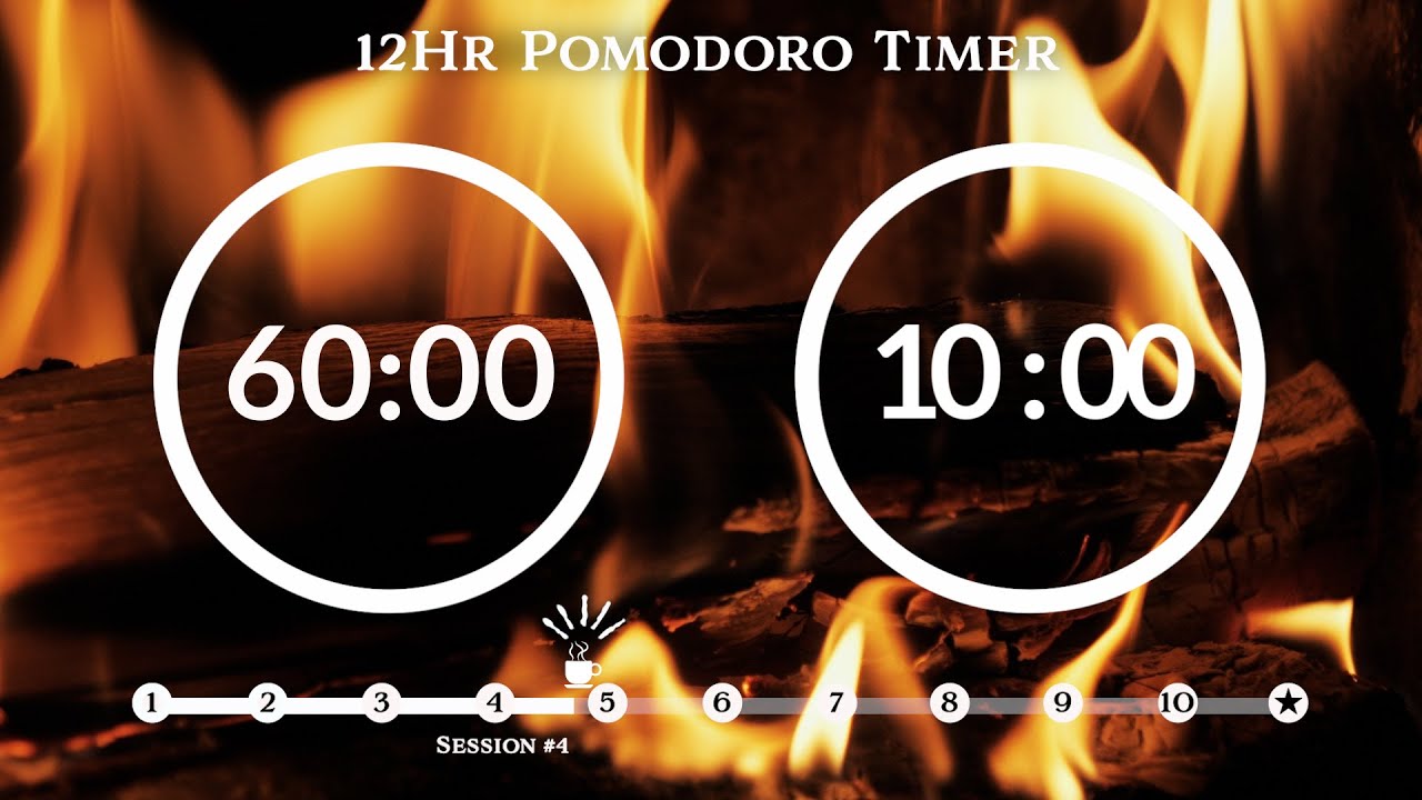 60 Minute Pomodoro Timer🔥Fireplace sound(장작소리 ASMR) 📚12-Hour Study ⏱Pomodoro 60/10, 60 min x 10 sets