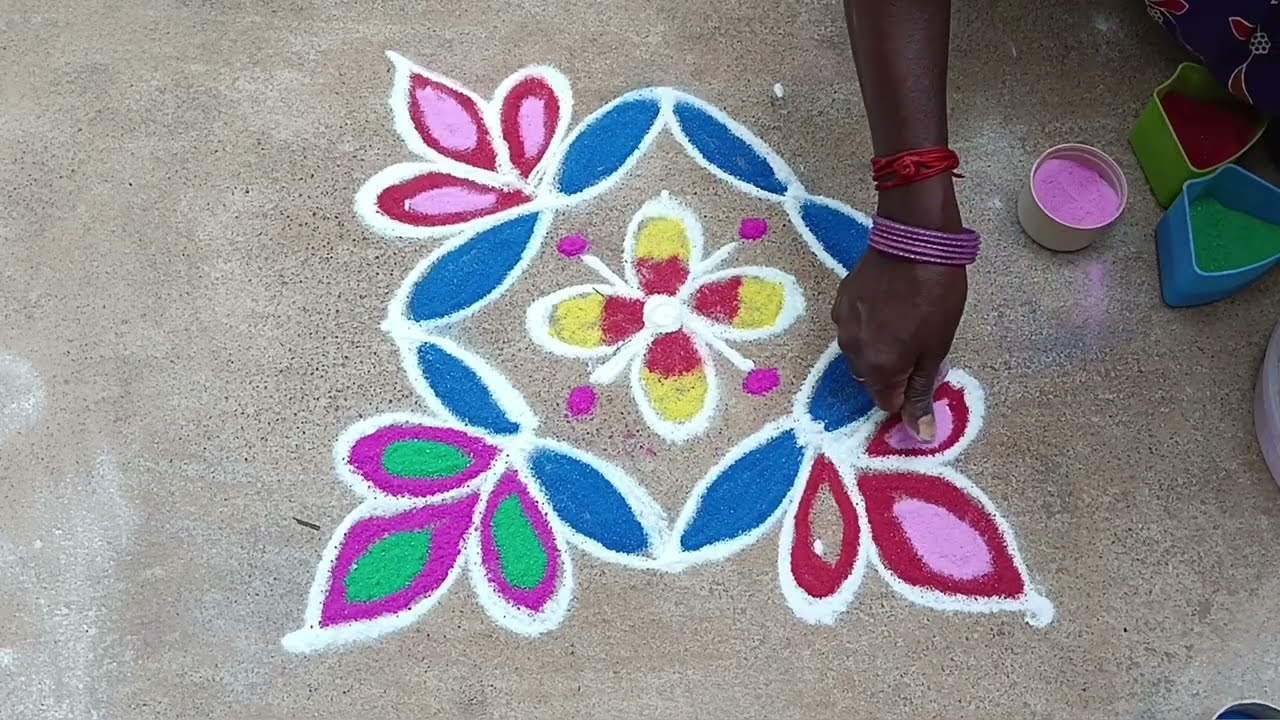 Simple flower kolam with dots margali design 