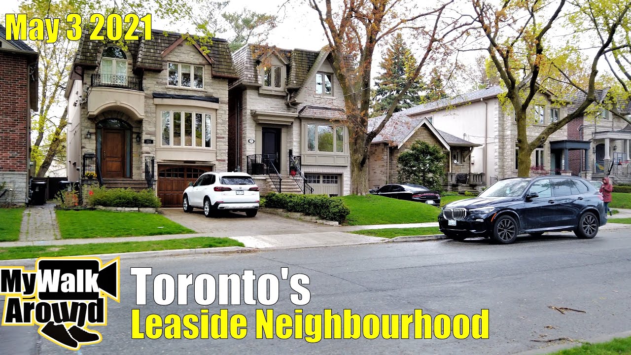 Toronto's Leaside neighbourhood - walking tour in a light rain, seeing plazas and houses!
