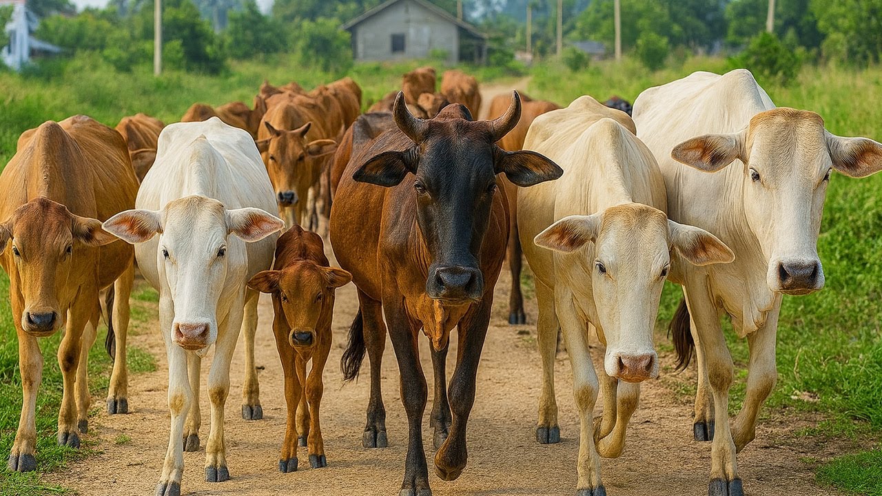 Aktivitas Sapi lembu Berlari Beramai-ramai Di Jalan, Suara Sapi Moo, Sapi Lucu Berkerumunan di Jalan