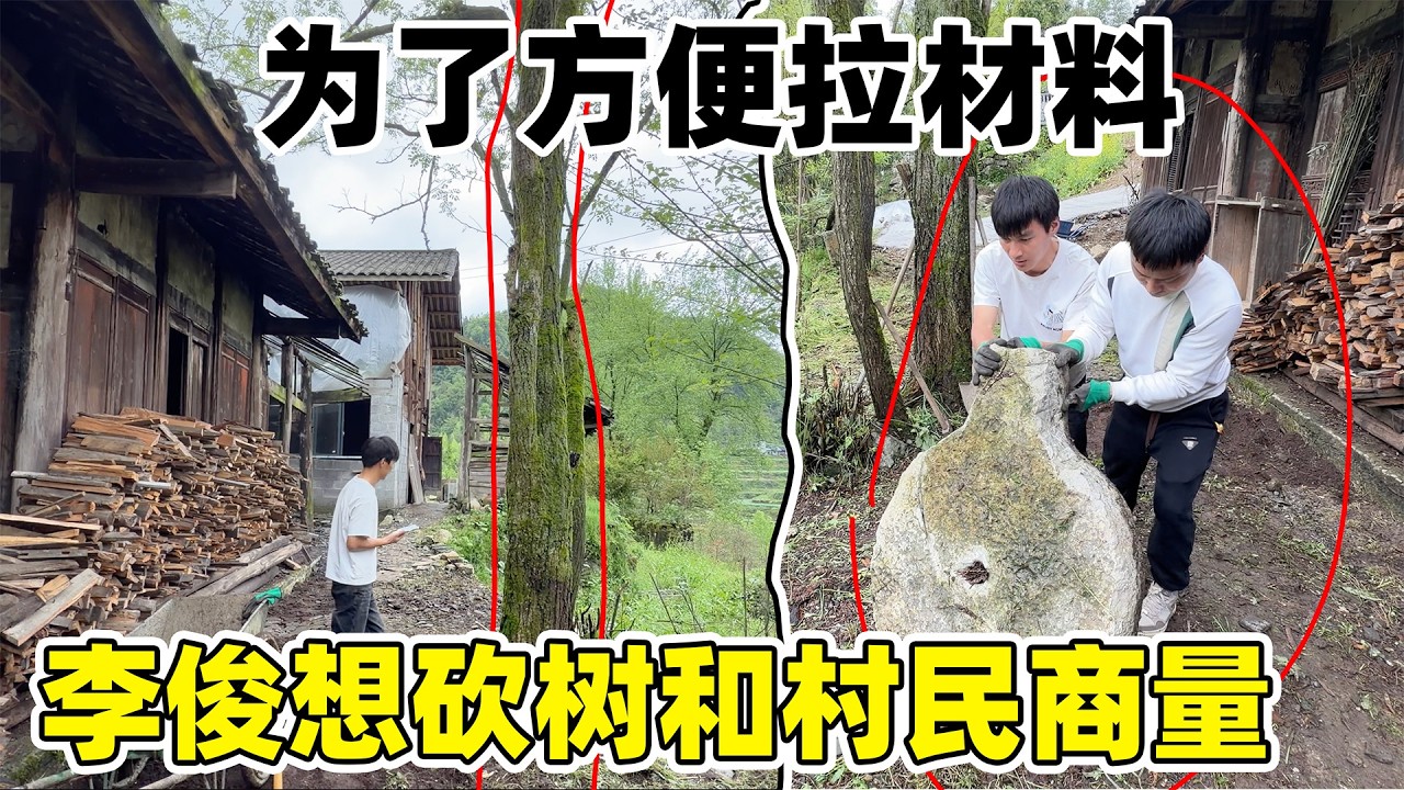 为了修路拉材料，李俊想和村民商量把挡在路中间的树砍掉，材料就可以拉到老房子减少人工费