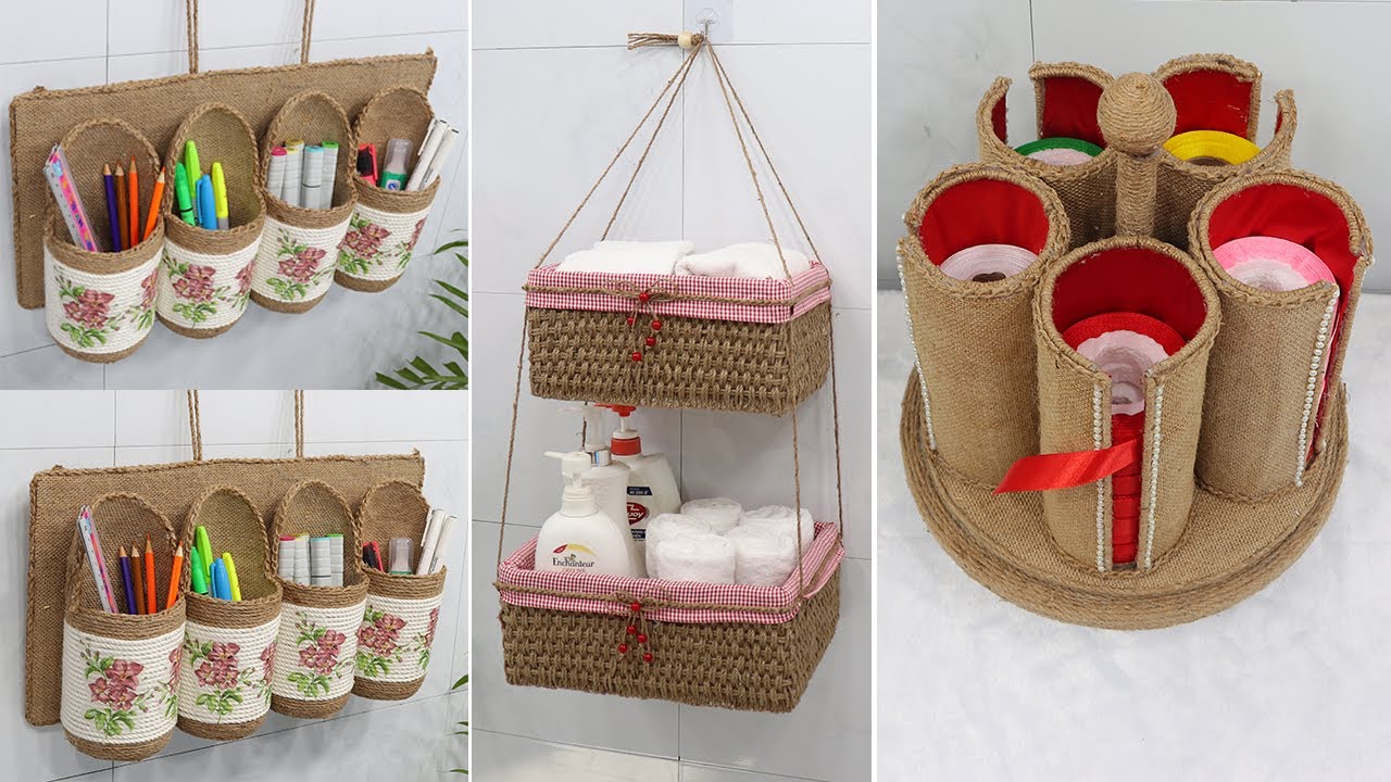 5 Space Saving Organizer Ideas from Waste Materials | Jute Craft Ideas