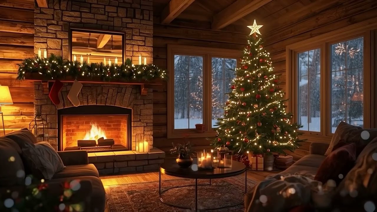 Cozy Christmas Cabin Ambience – Fireplace, Snowfall & Soft Crackling Fire (4K)