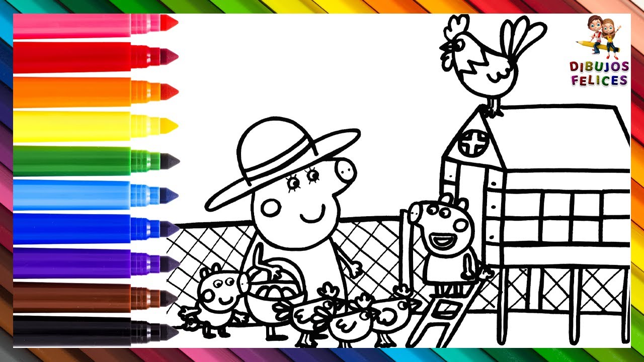 Dibuja y Colorea A Peppa Pig, George Pig Y La Abuela Pig En El Gallinero 🐷🐔🥚🐓🌈 Dibujos Para Niños