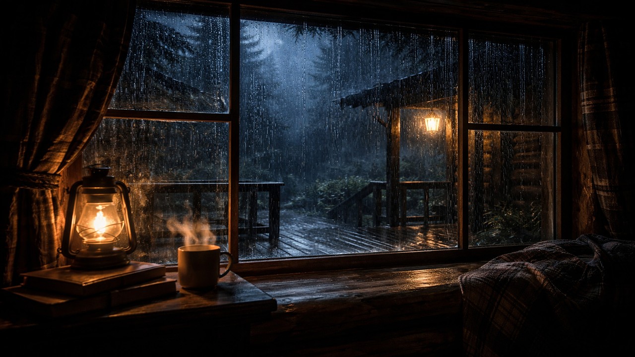 Heavy Rain in Forest Cabin – Dark Cozy Night Ambience for Sleep (8 Hours)