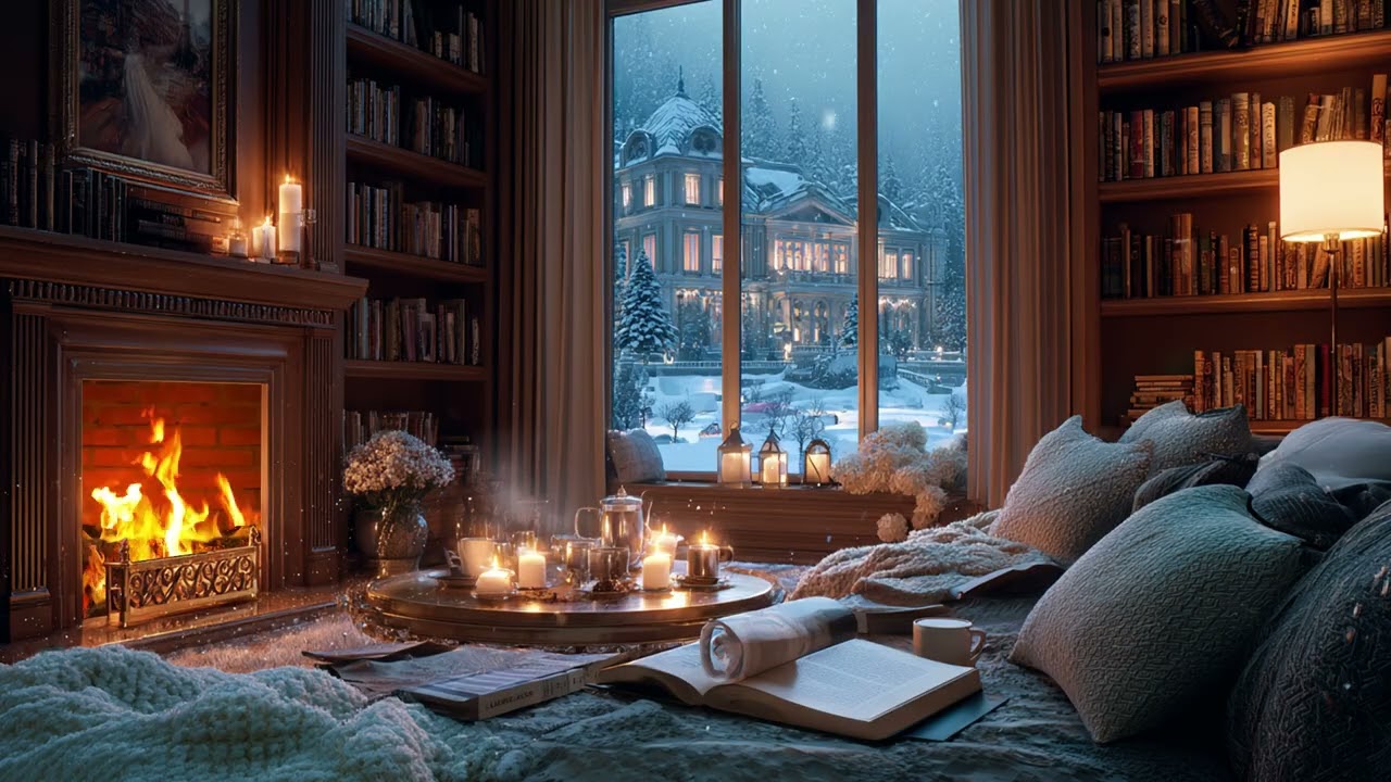 Quiet Room of Books and Fire While Snow Falls Beyond the Window | Deep Winter Calm