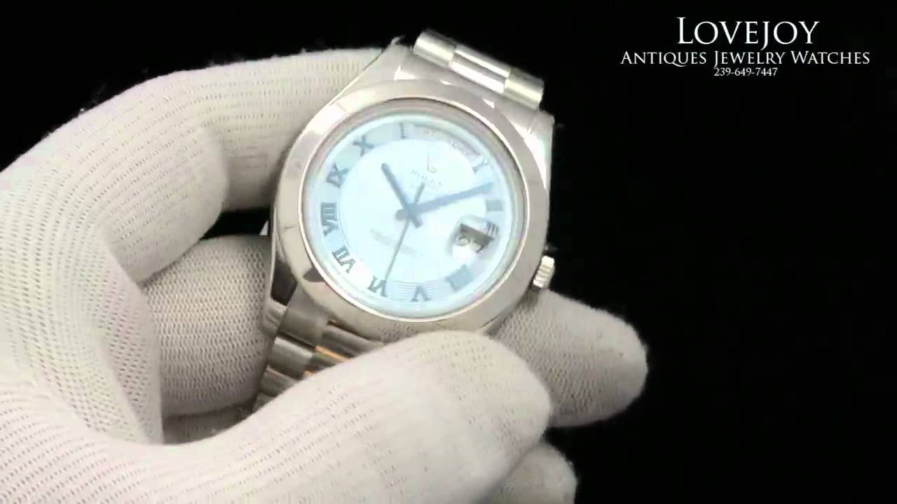 Authentic! Rolex Platinum President Daydate II Roman Glacier Blue Dial