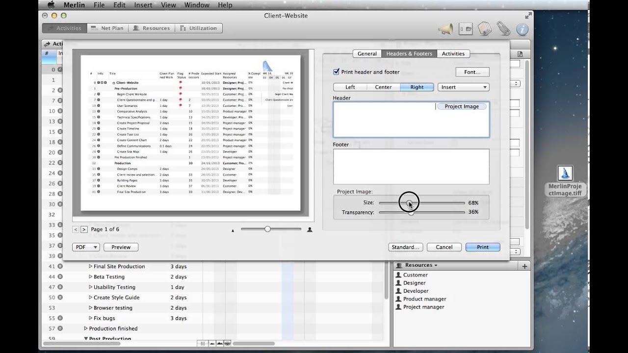 Merlin 2 - print your project image along with your scheduling