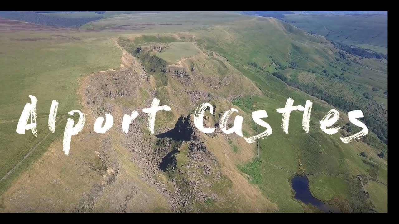 Aerial film of Alport Castles in Derbyshire.