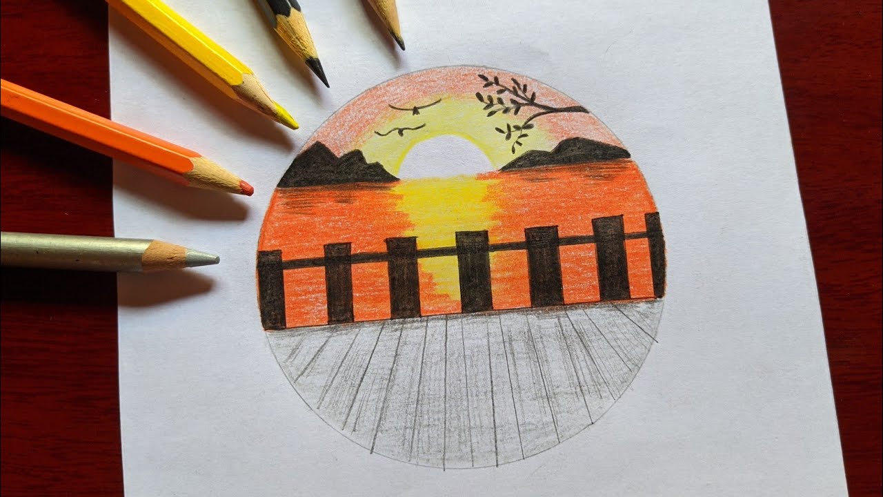 Como desenhar uma paisagem fácil com deque e pôr do sol.
