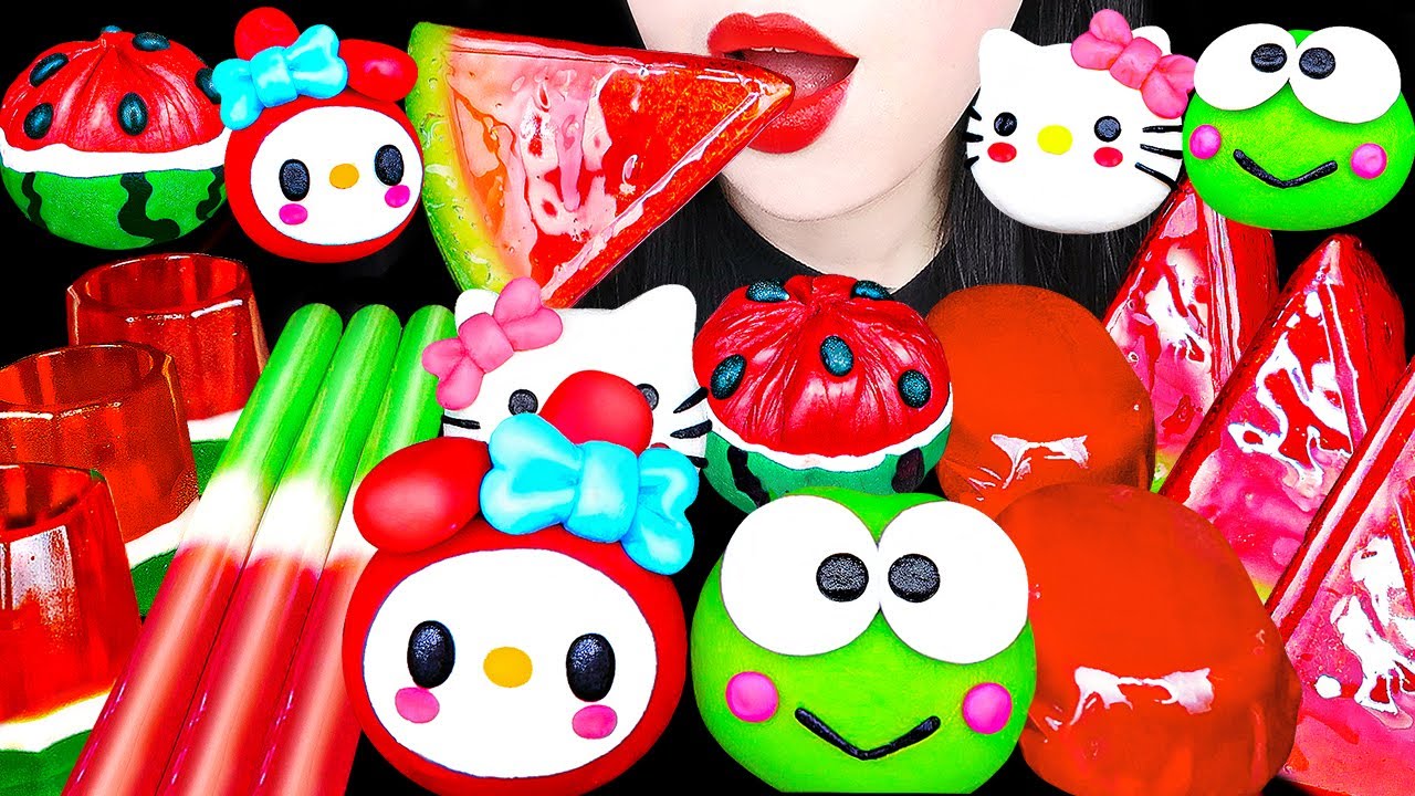 ASMR DIY WATERMELON DESSERTS *FRUITS RICE CAKE KITTI, MY MELODY, ICE CREAM, TANGHULU JELLY 수박 디저트먹방