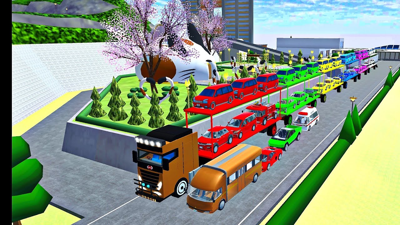 DOUBLE TRAILER TRUCK FOR TRANSPORTING LARGE VEHICLES IN FRONT OF Cat Cafe - Rainbow Car 🌈 - SAKURA 🥳