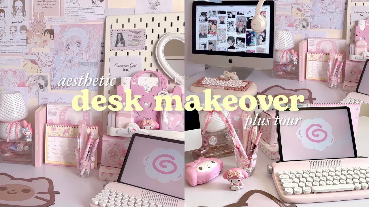 Desk makeover aesthetic 🍥 Pinterest, pink, coquette, anime and kpop inspired + desk tour 🎀
