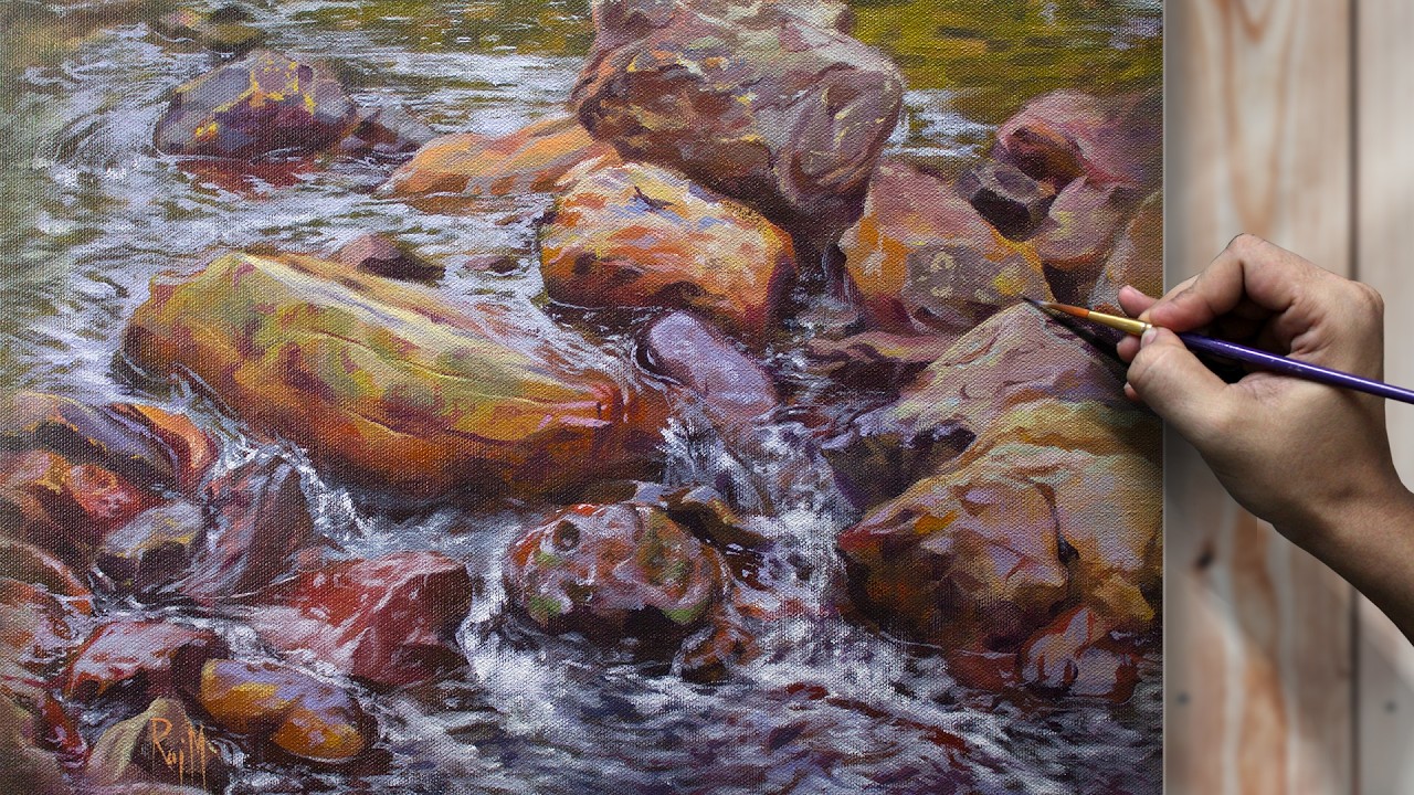 I Painted Realistic Flowing Water & Wet Rocks | A Satisfying Acrylic Painting Timelapse