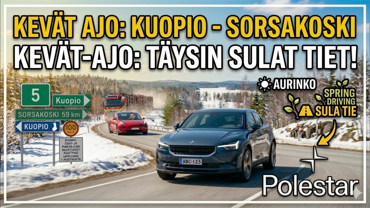 Polestar 2 tumman sininen. 5-tie. Tiet täysin sulat. Aurinkoinen sää! Kuopio - Leppävirta - Sorsakos