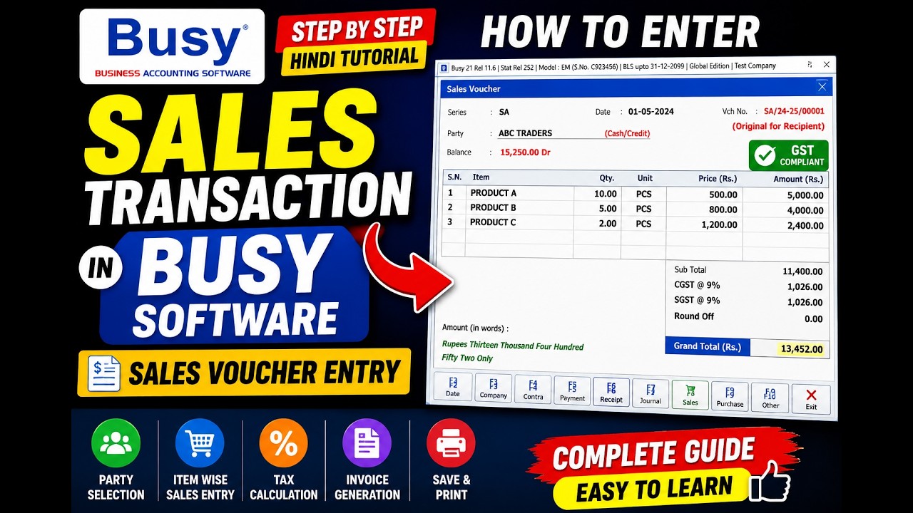 How to Enter Sales Transaction in BUSY Software | Sales Voucher Entry Step by Step Hindi