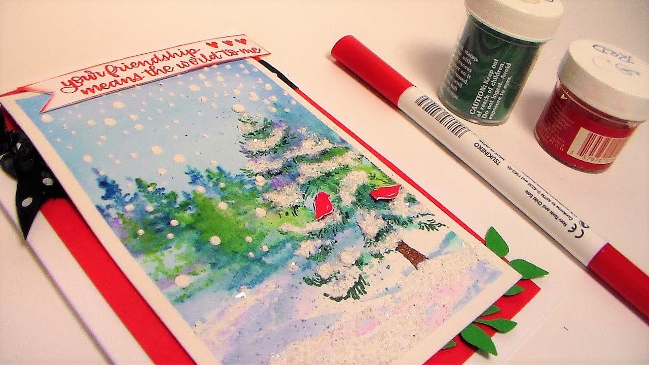 Watercolor Winter Trees Stamped Card with Texture Paste Snow