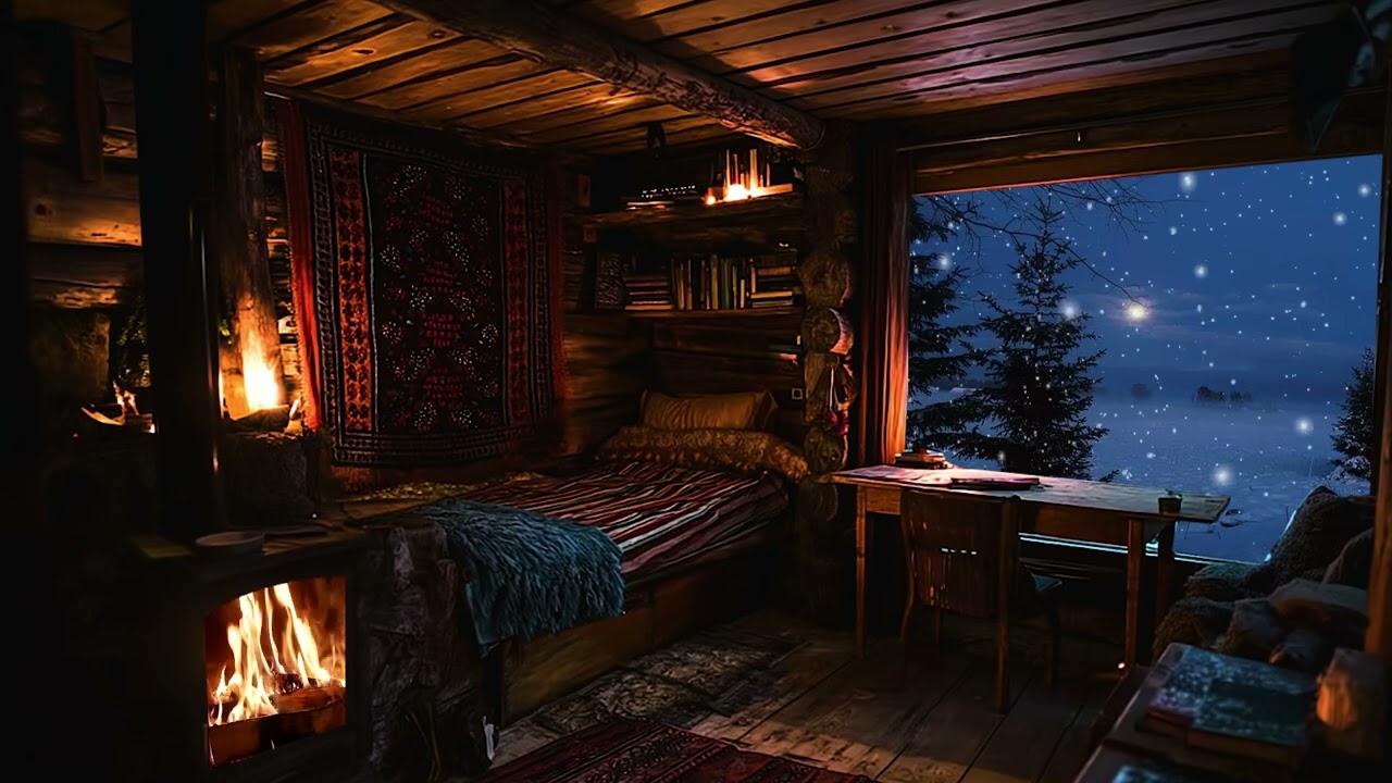 Warm Cabin Glow on a Snowy Night ❄️🔥 Fireplace Sounds for Relaxation & Peaceful Sleep