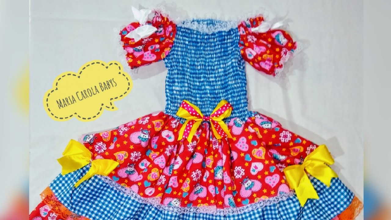 Vestido Junino, Peito feito no lastex/ modelagem gratuita de 3 meses a 12 anos