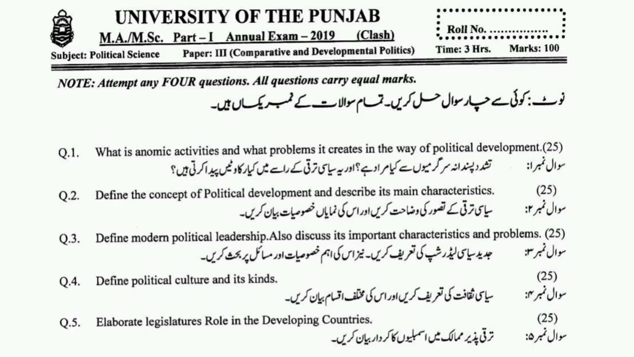 M.A political science part 1 past papers/board of Punjab university/political science paper