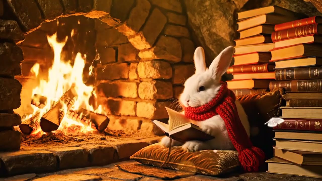 Reading Corner with Rabbit | Magical Forest Fireplace at Night for Reading &bull; Soft Music & ASMR Sound