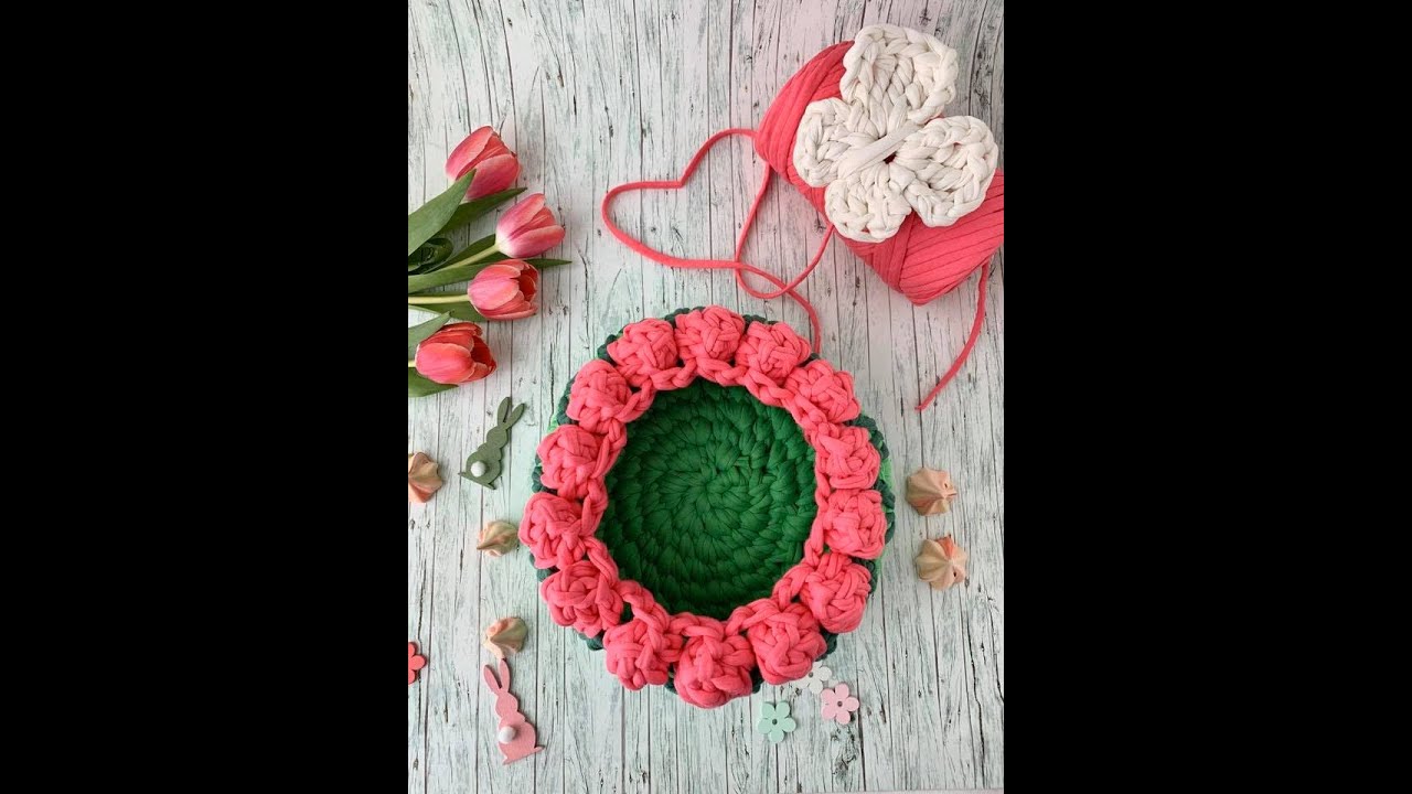 Tavaszi tulipán kosár pólófonalból