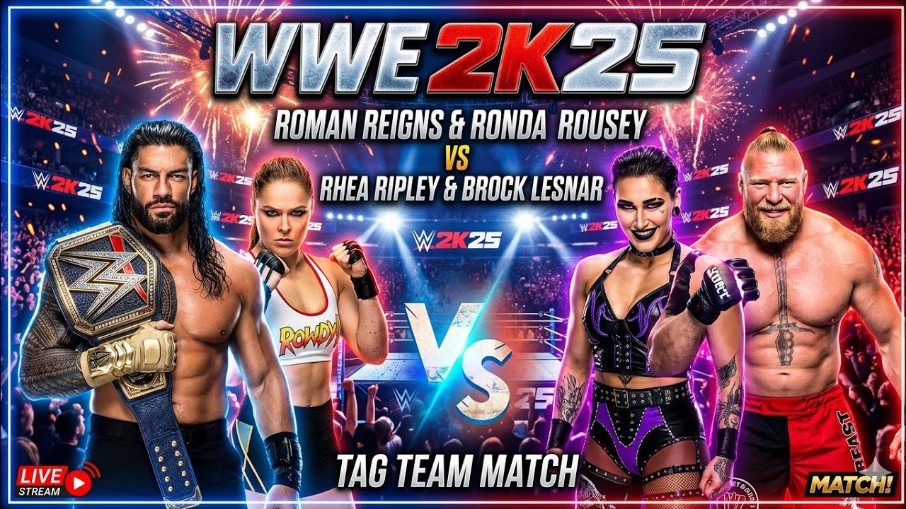 WWE 2K25 Roman Reigns & Ronda Rousey Vs Rhea Ripley & Brock Lesnar Match 