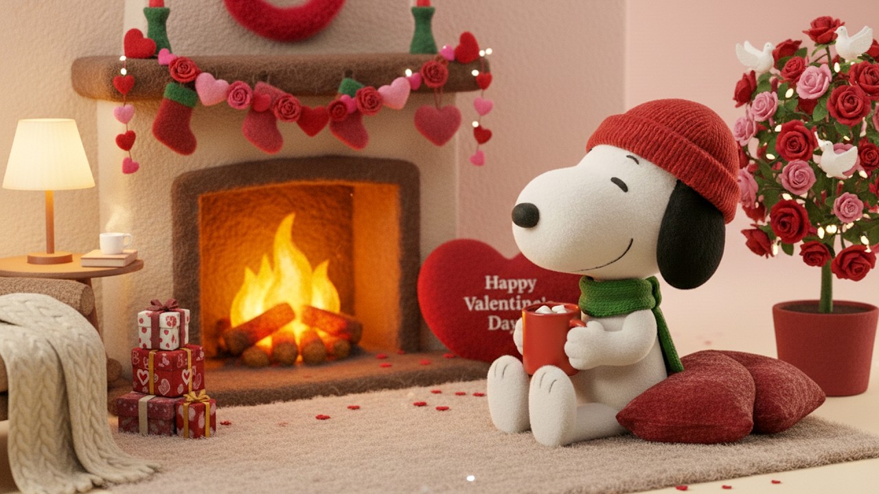 🌹 Snoopy's Felt Valentine 🔥 Romantic Fireplace & Soft Jazz Lofi