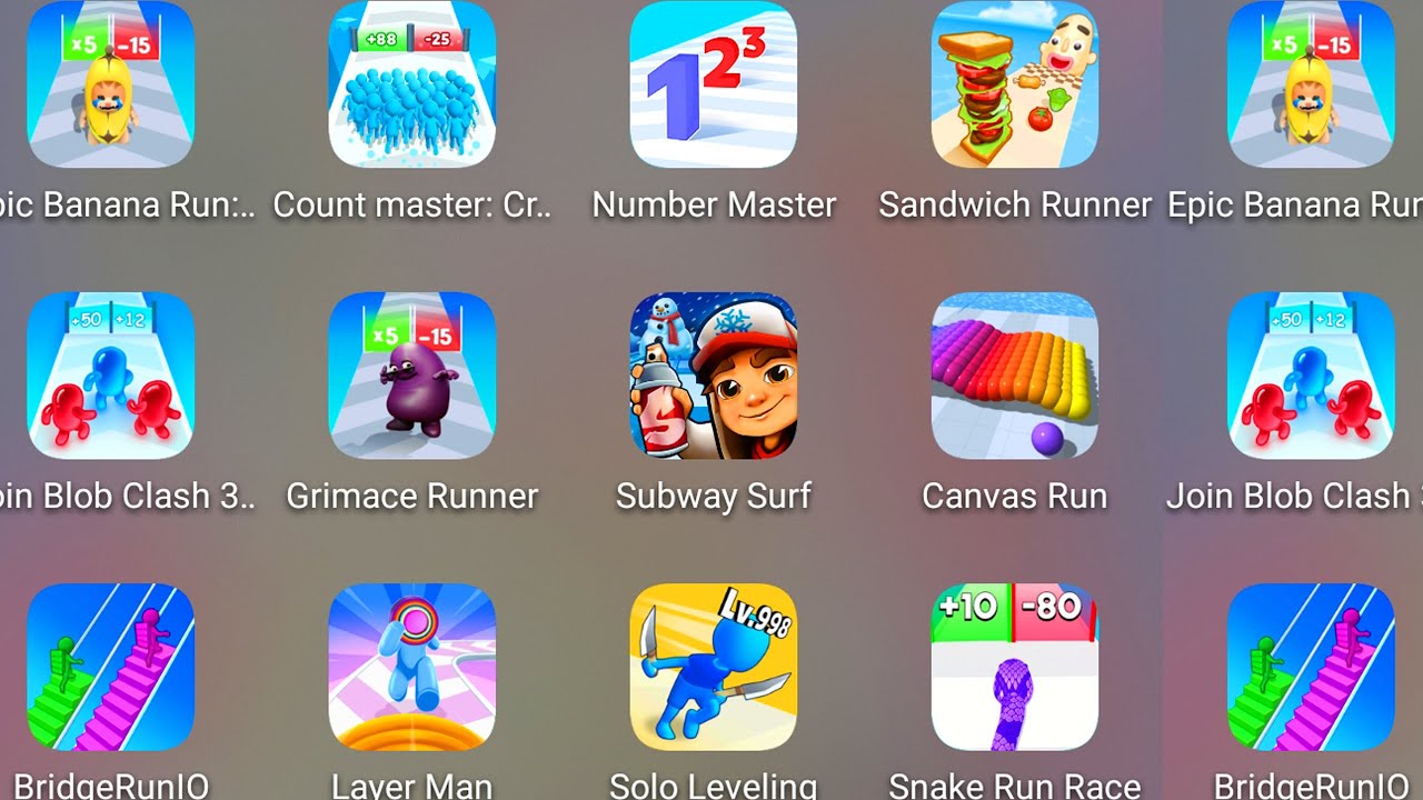 Snake Run Race,Count Master,Sandwich Runner,Bridge Race,Subway Surf,Banana Run,Number Master.....