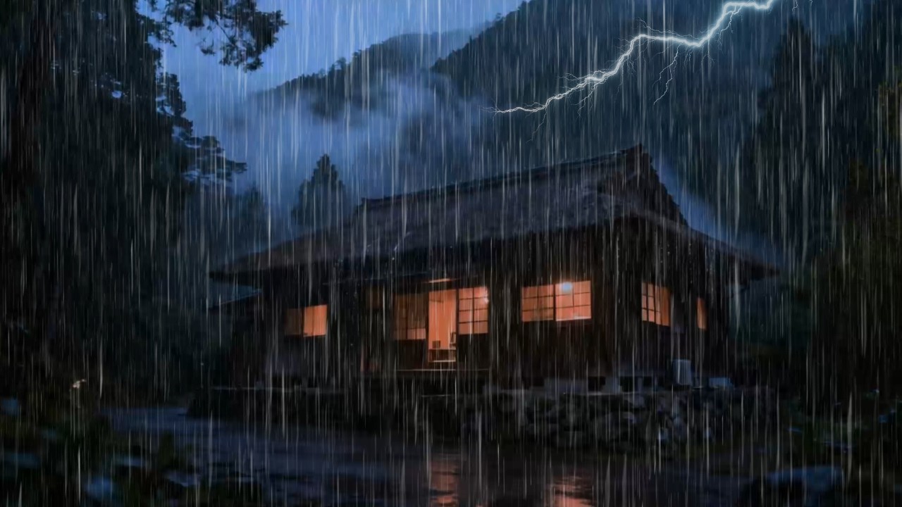 Heavy Rain Sounds at Night Remote Foggy Hilltop Village for Anxiety Relief | Calm Thunder Echo