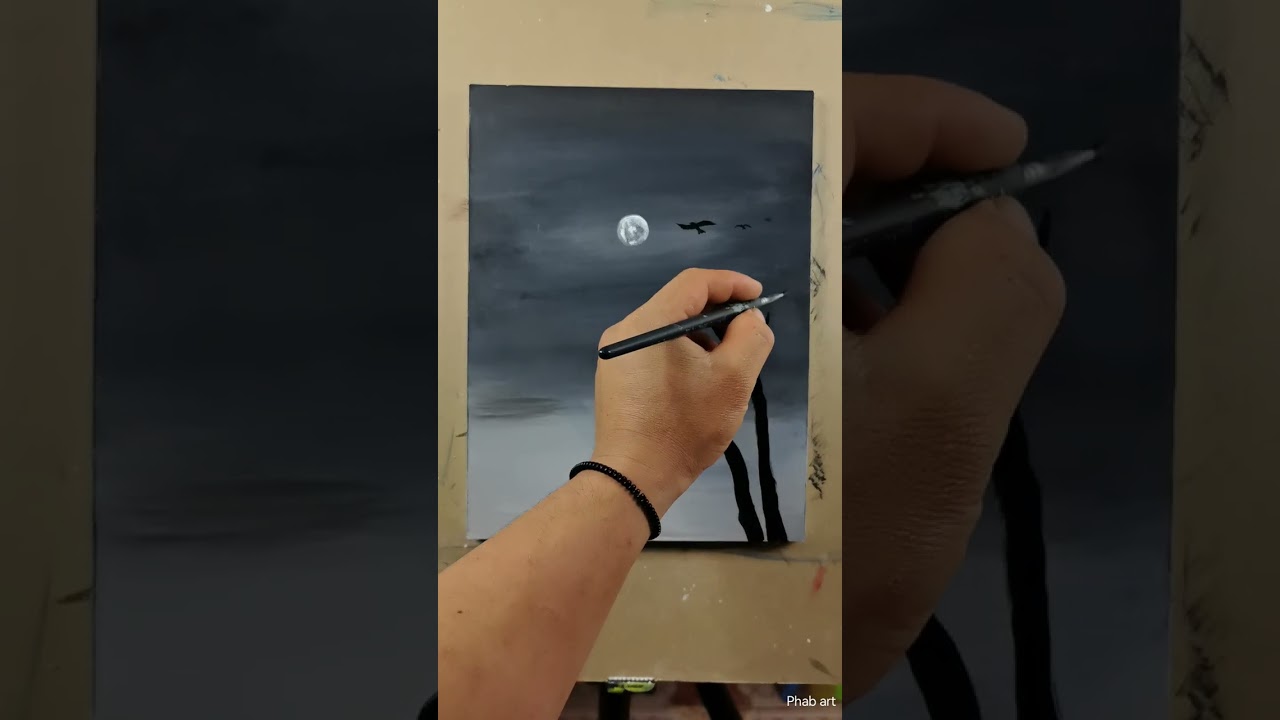  How to paint easy beautiful nigh pictire with   acrylic วาดรูปภาพค่ำคืนที่สวยงามงายๆ