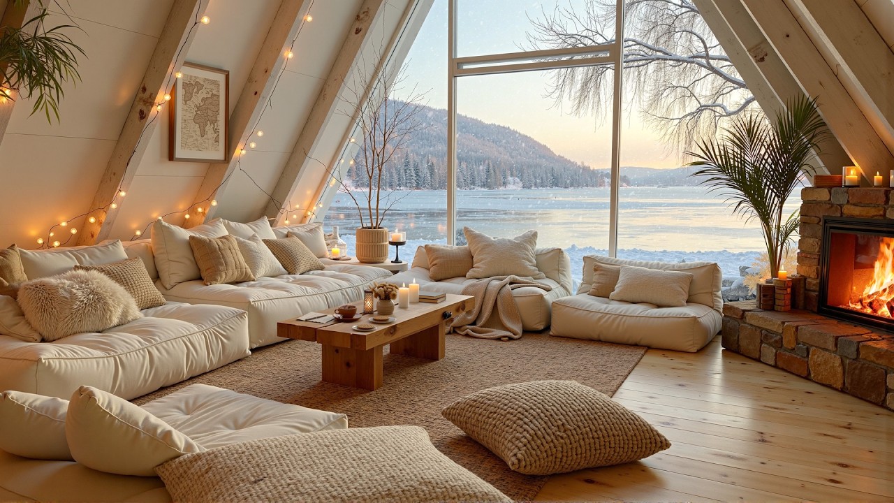 Warm Jazz at Golden Winter Sunrise ❄ Snowfall & Fireplace in a Lakeside A-Frame for Deep Work