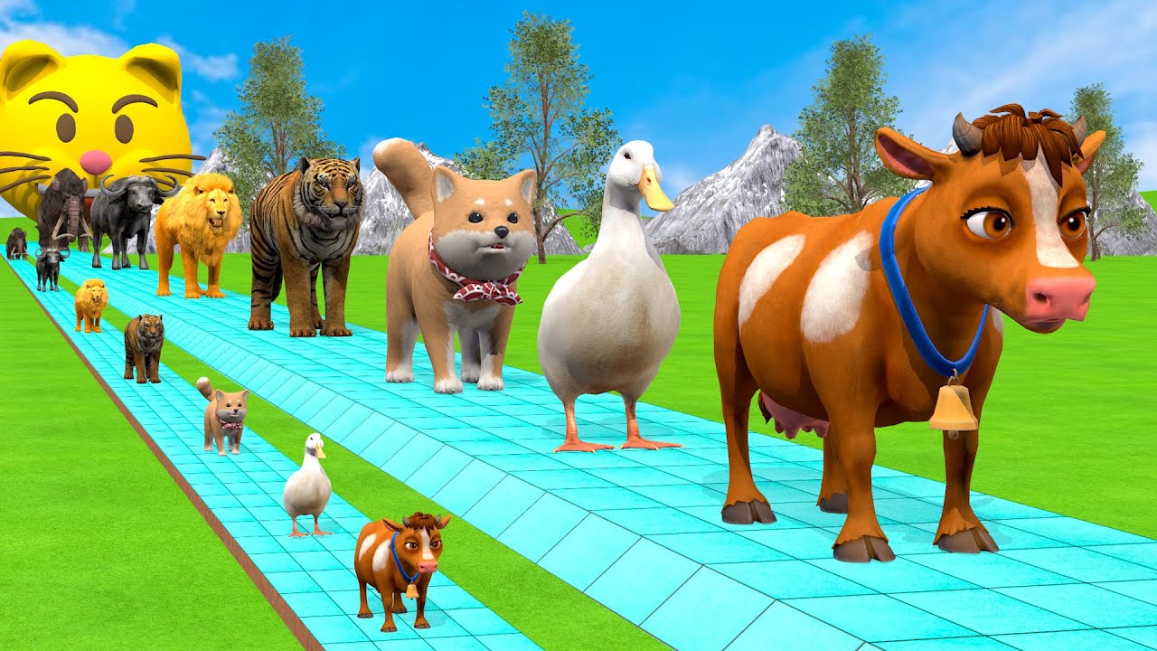 Long Slide Game With Cow Elephant Gorilla Hippopotamus Tiger - 3d Animal Game - Funny 3d Animals