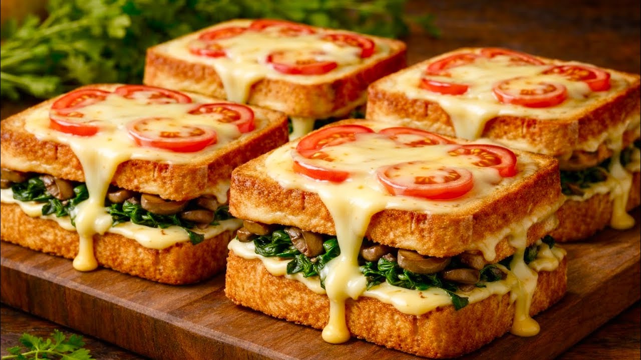 Schneller gegessen als zubereitet! Toasts mit Pilzen und Spinat in 10 Minuten.