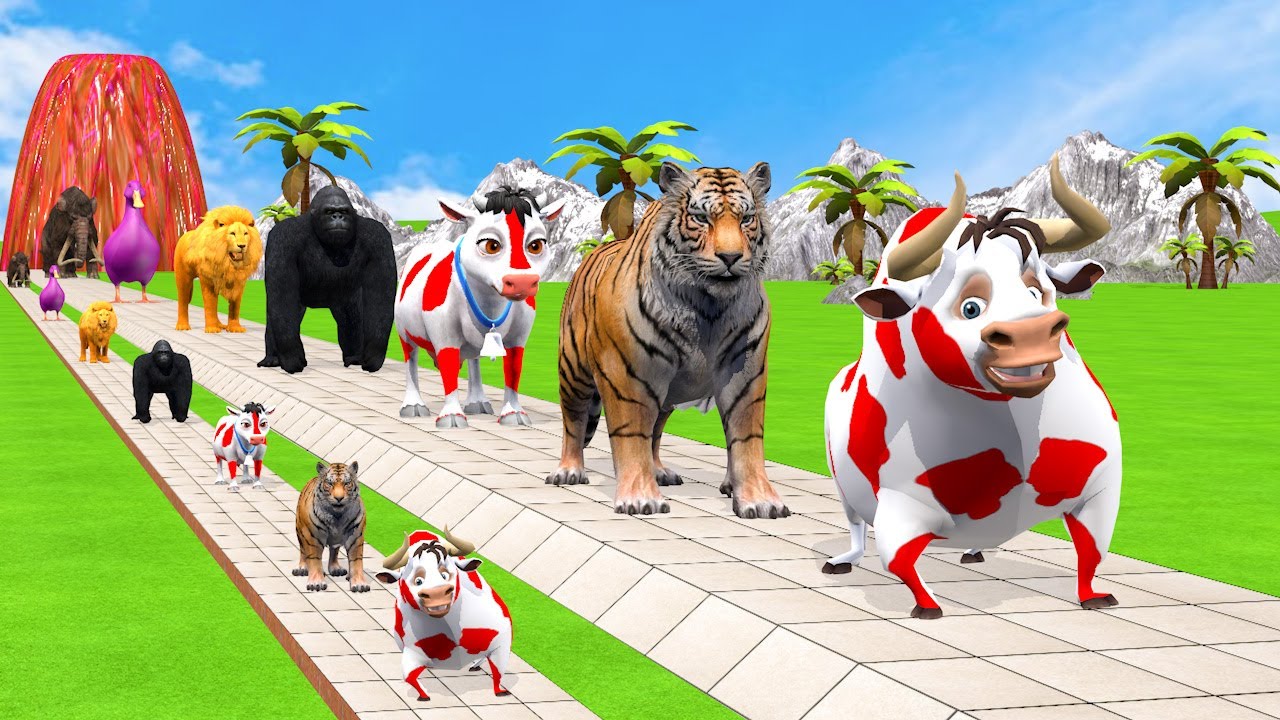 Long Slide Game With Cow Elephant Gorilla Hippopotamus Tiger - 3d Animal Game - Funny 3d Animals