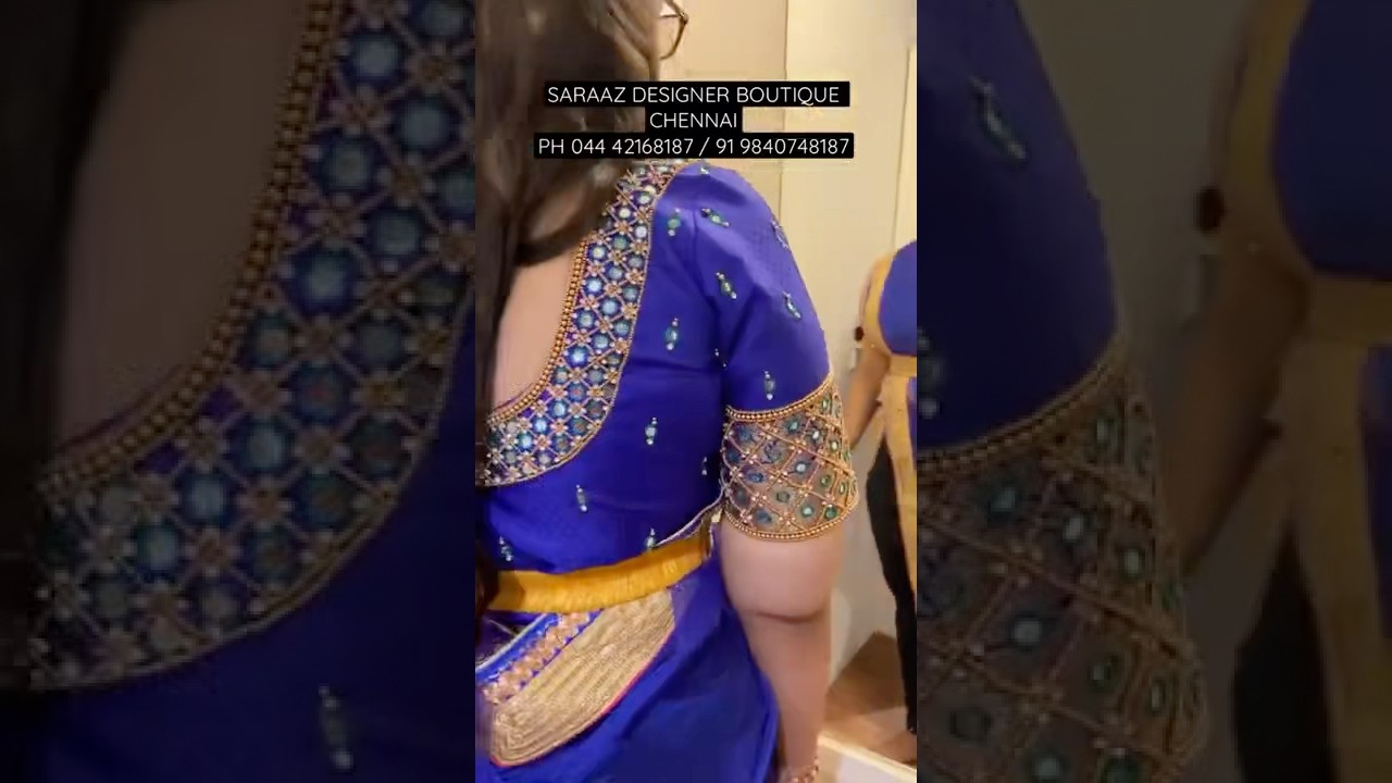 Blue mirror work bridal blouse design 