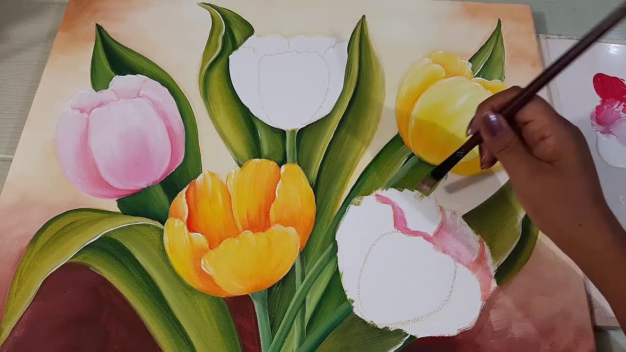Pintando un Cuadro de Tulipanes con Pintura Acrílica Fácil