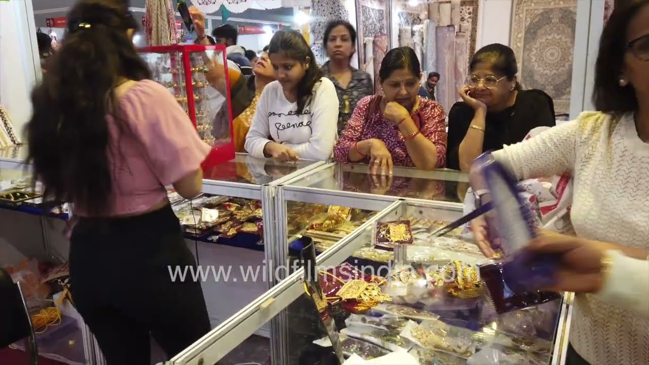 A bustling scene inside the India International Trade Fair at Pragati Maidan, New Delhi.