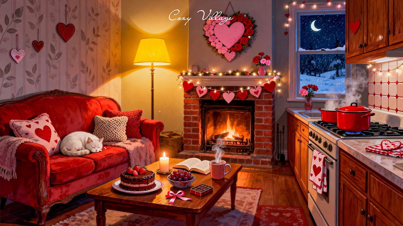 Warm valentine jazz 1940s vintage oldies playing in another room | Crackling Fireplace for unwind