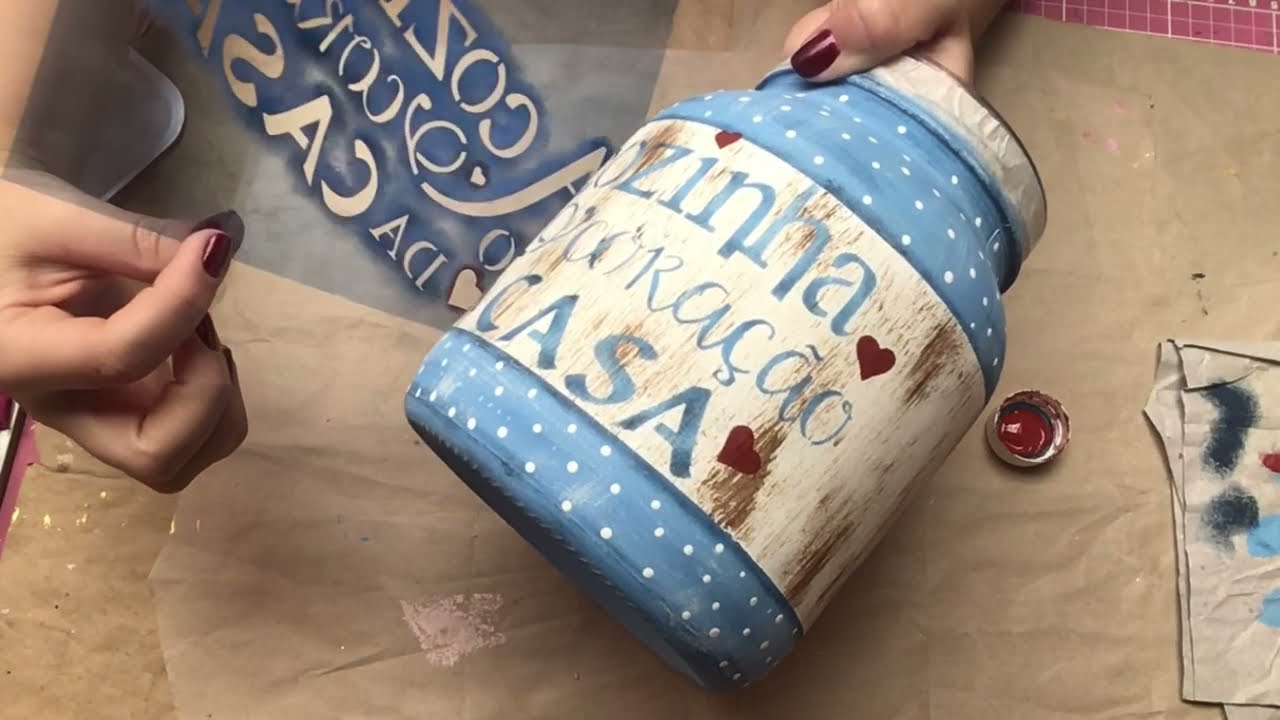 Pote de Vidro com Decoupage / Pintura Rustica / Stencil