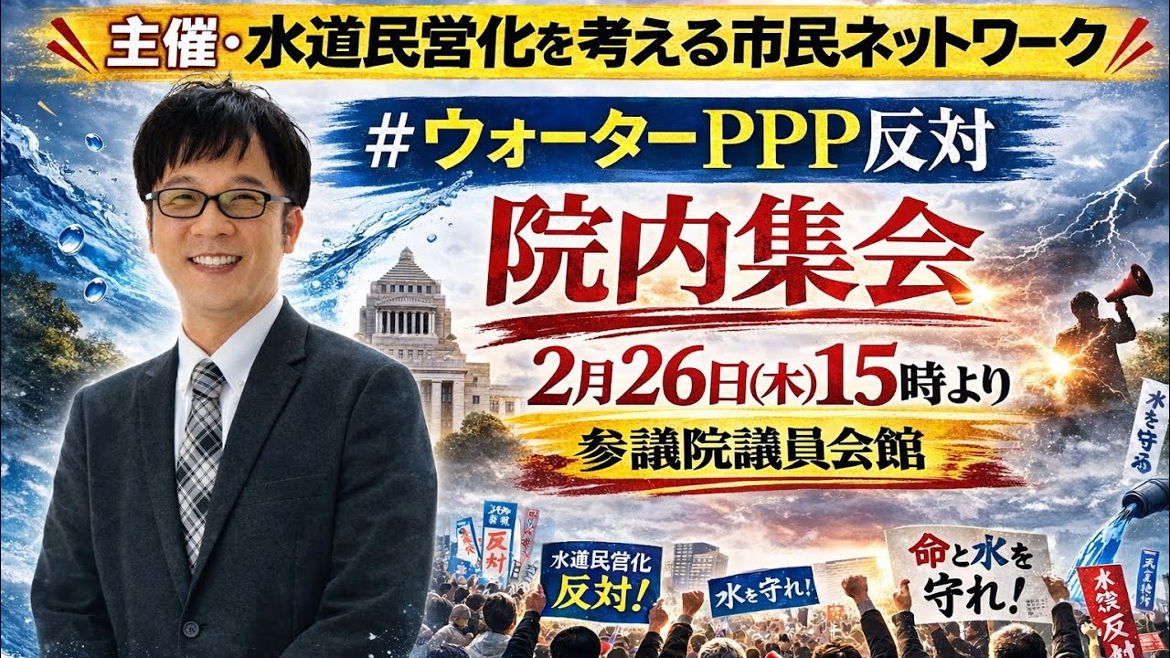 【水道民営化反対】ウォーターPPP反対署名提出・院内集会　2月26日(木)15時より　参議院会館にて　※参加希望の方は概要欄にあるメールアドレスにメール送ってください