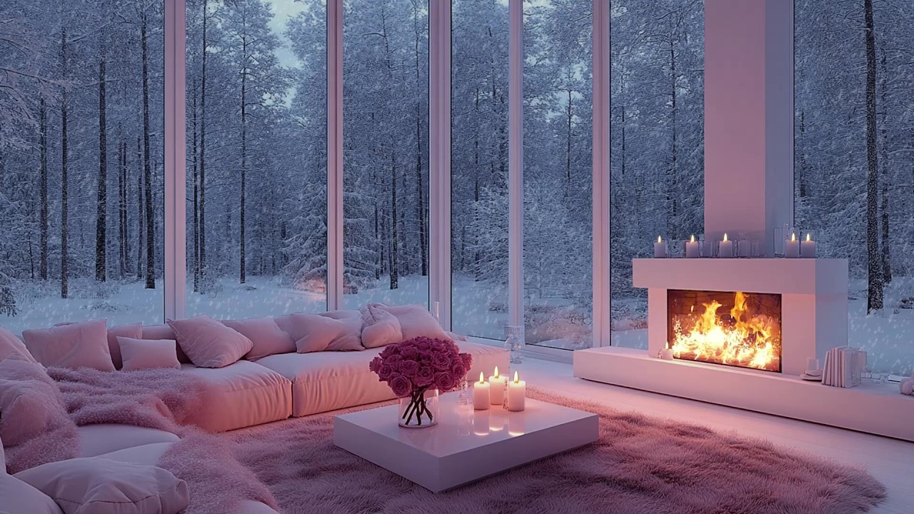🔥🎹 Golden Fireplace Winter Piano Atmosphere | Snow Outside & White Flowers | Peaceful Study Flow