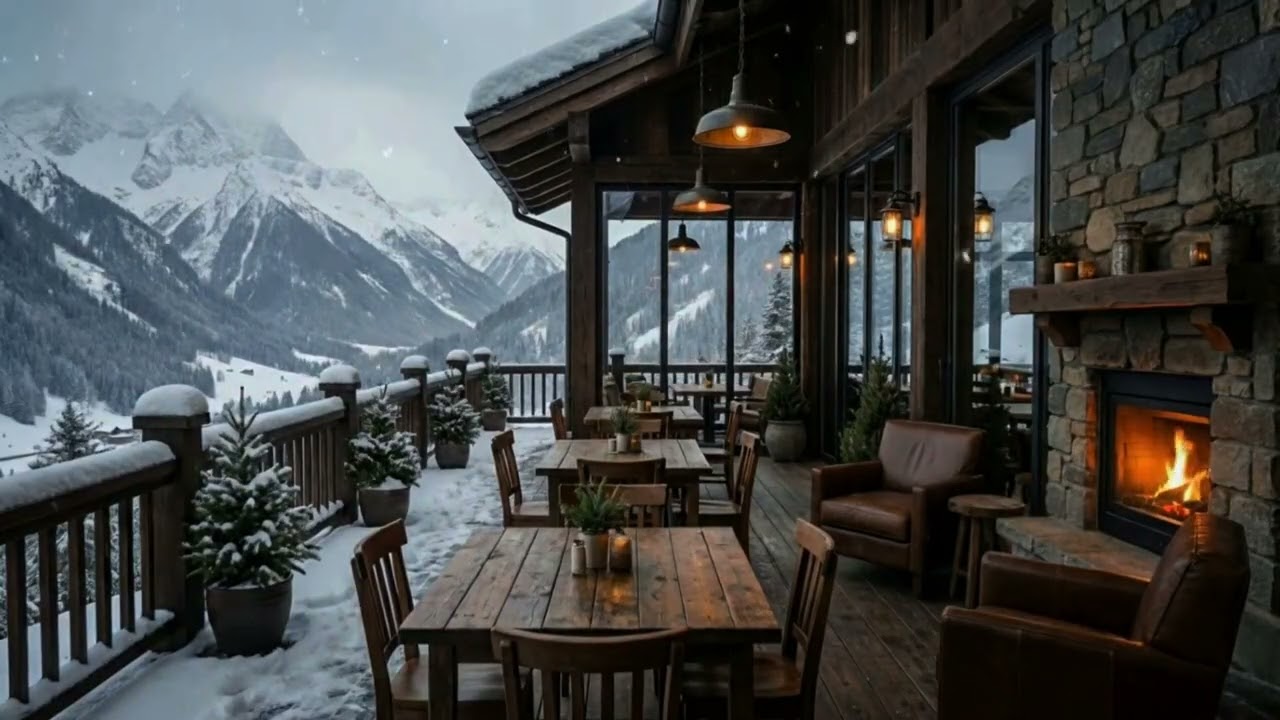 Peaceful Winter Porch Jazz | Cabin Fireplace & Mountain Snow