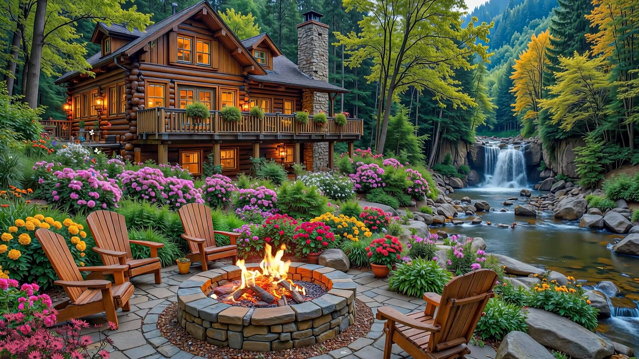 Spring Piano Music River Porch Nature Sounds 🌿🔥 Campfire Sounds for Sleep and Relaxation