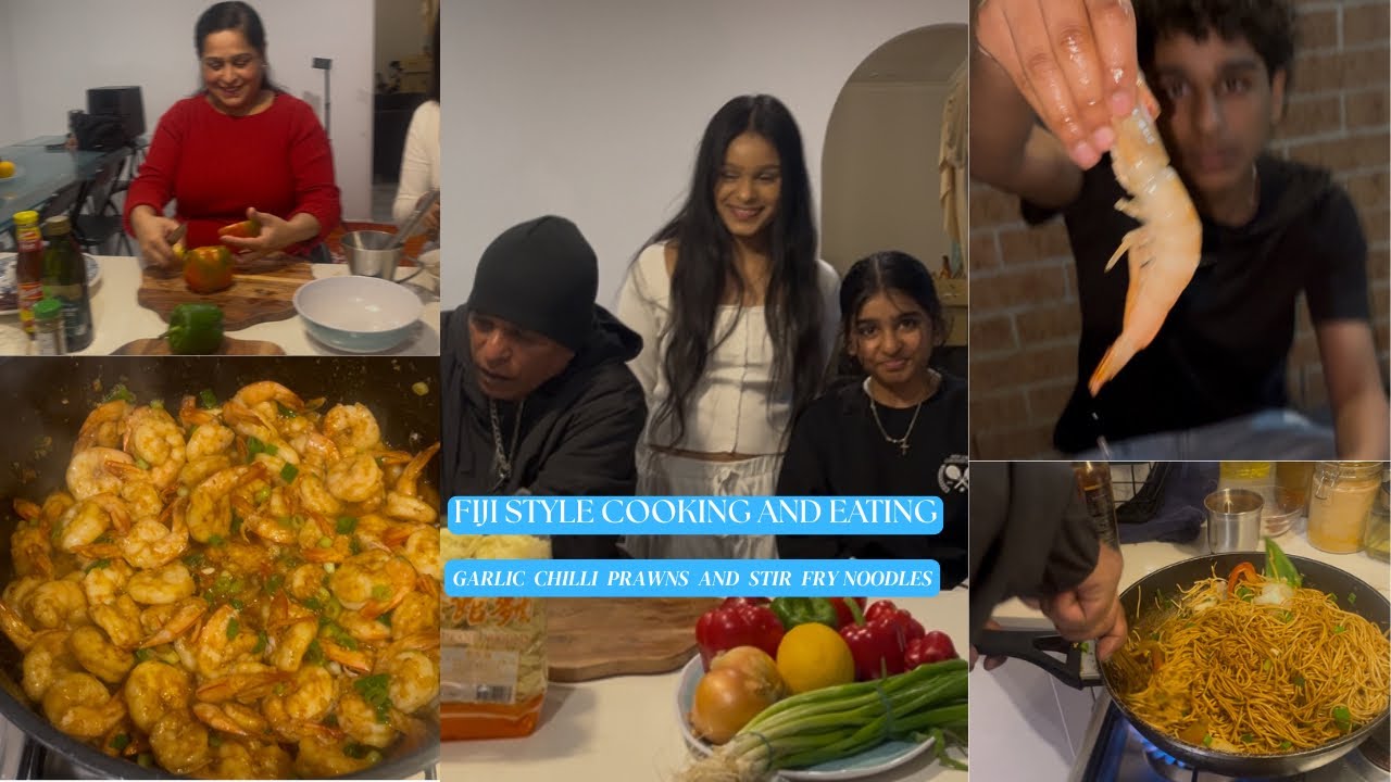 FIJI STYLE COOKING AND EATING GARLIC CHILLI PRAWNS AND STIR FRY NOODLES!
