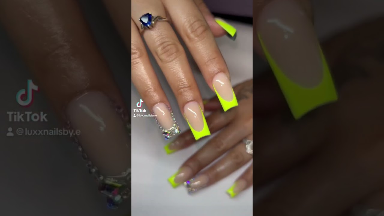 Neon French tip nails with rhinestones #nails #acrylicnails #shortnails #frenchtips