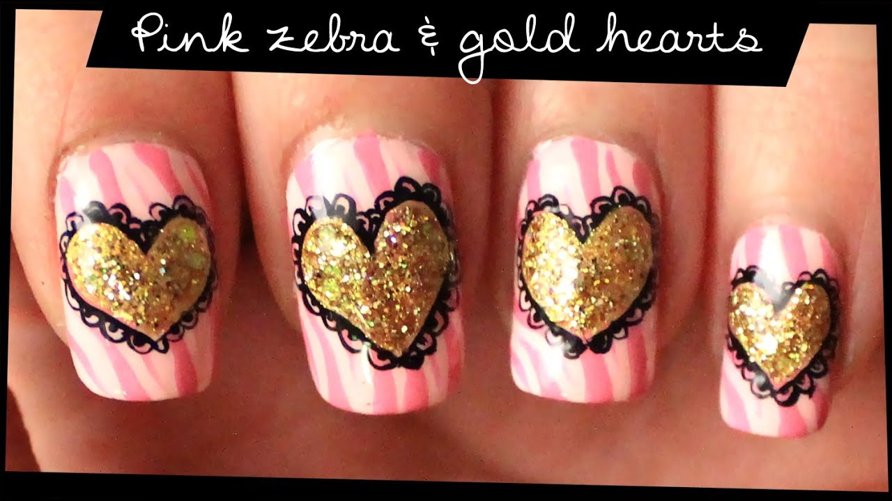 Pink Zebra & Gold Hearts nail art