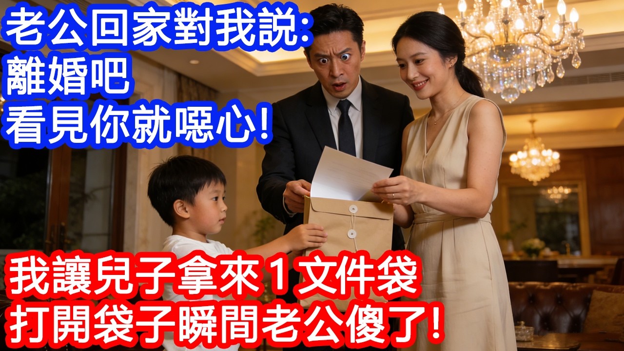 【情感故事】老公回家見我第一句話：離婚吧，看見你就噁心，你淨身出戶，別墅車子都歸我！我笑著讓四歲兒子拿來一文件袋，打開袋子瞬間老公傻了！#故事 #人生哲理 #婚姻 #出軌 #爽文
