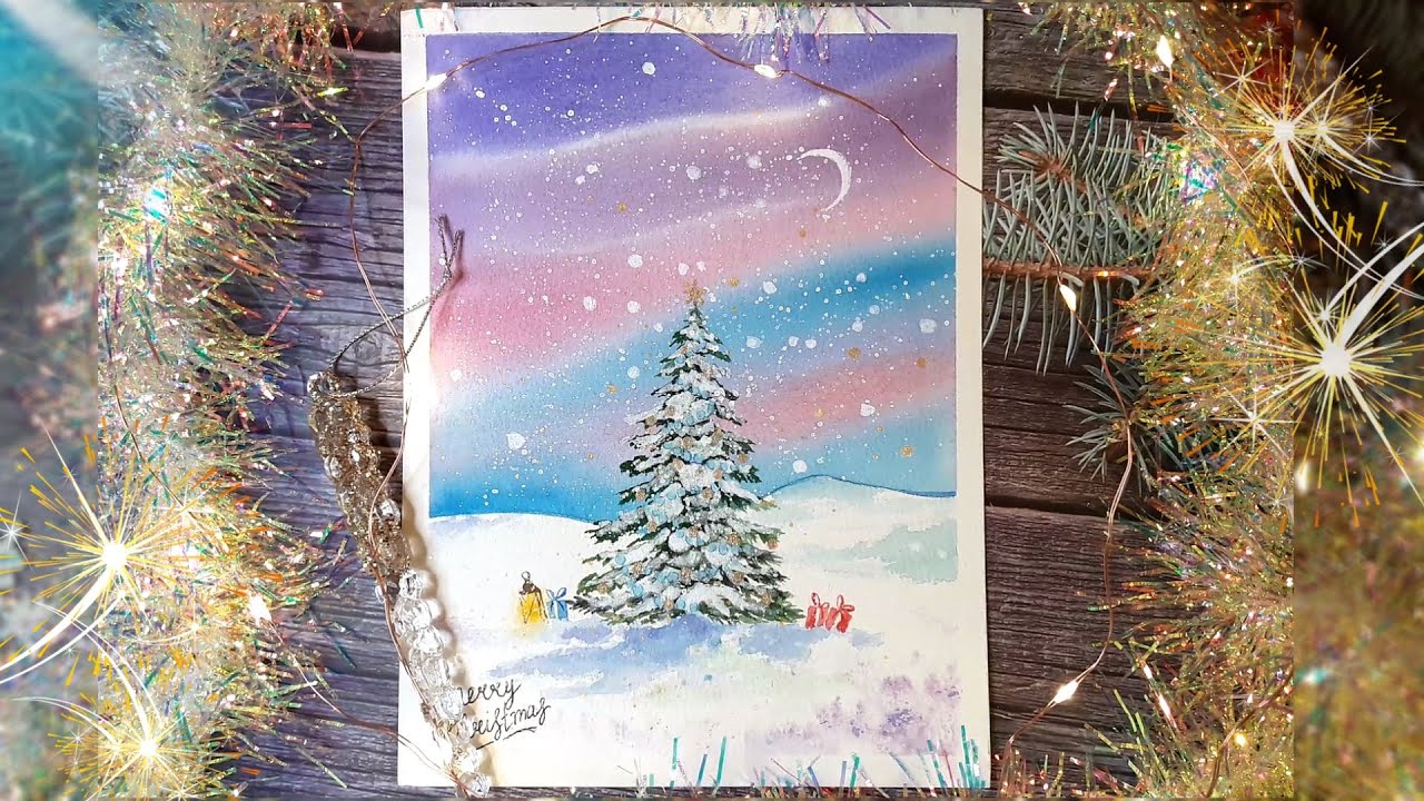 НОВОГОДНЯЯ ЕЛКА С ПОДАРКАМИ🎁В БЛЁСТКАХ🌟Пошаговое описание🎄Акварель для начинающих🍭